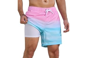 SILKWORLD Mens Swim Trunks 2 in 1 Quick Dry Bathing Suit with Compression Liner Beach Shorts with Zipper Pockets