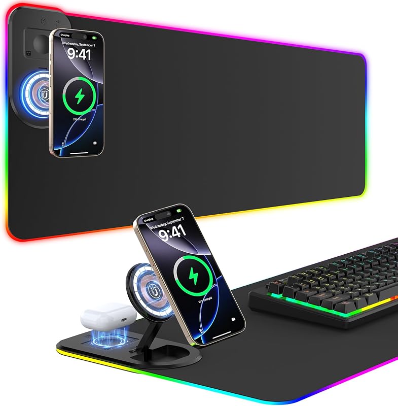 Tapete de rato gaming RGB de 15 W, Qi, LED, 800 x 350 x 4 mm, 10 modos de iluminação com carregamento rápido de 10 W, carregamento sem fios Qi para telemóvel I-Phone 13/13 Pro, auscultadores