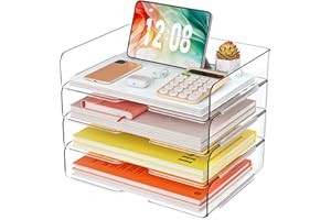 YKLSLH 4 Trays Paper Organizer Letter Tray - Acrylic Desk File Organizer, Stackable Clear Paper Holder Sorter Office Organizer for Letter/A4, Office File Ipad Books Notes Etc