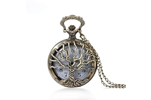 LANCARDO Vintage Tree of Life Hollow Bronze Pocket Watch Quartz Arabic Markers Carved Men and Women Watches with Necklace Chain Pendant