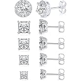 MDFUN 5 Pairs 18K Gold Plated 5A+ Cubic Zirconia Earrings Hypoallergenic 4mm/5mm/6mm/7mm/9mm Princess Round Halo Stud Earrings for Women Men