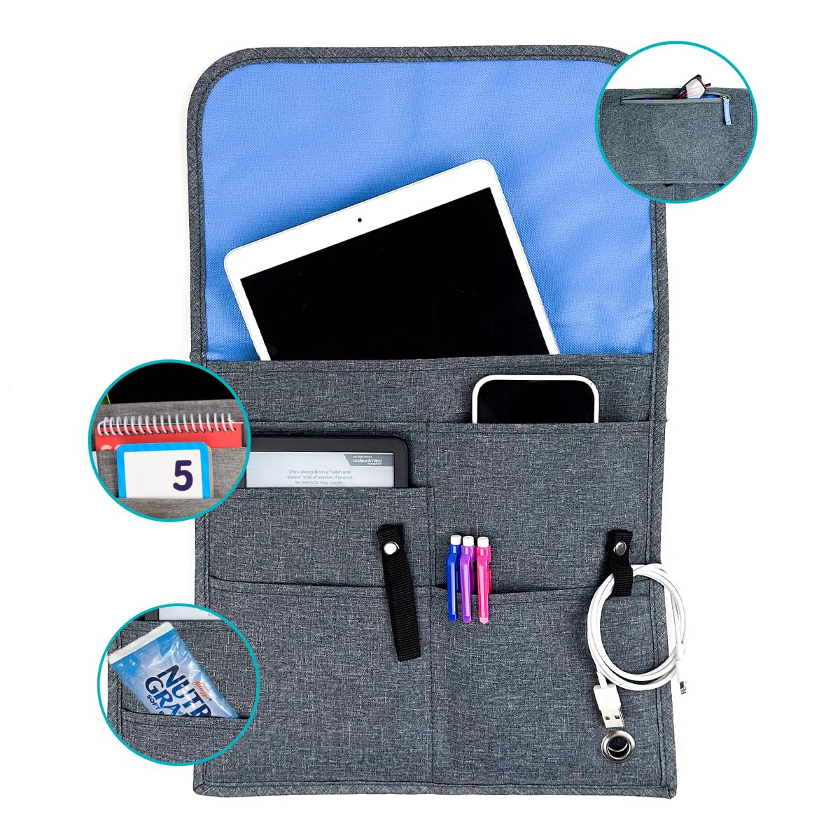 Photo 1 of SO~MINE Airplane Pocket Organizer | Tray Table Cover | In Flight Seat Back Organizer Bag | Commuter Essential Travel Bag | Media Pouch For Flying | Travel Gift | Attaches To Luggage | Charcoal/Cobalt