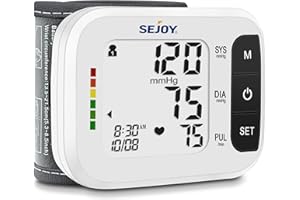 SEJOY Blood Pressure Machine Wrist Blood Pressure Cuff Wrist BP Monitor Wrist Cuff Automatic Monitor with Irregular Heartbeat Detection Large Display 120 Readings Memory 2 Users with Batteries for Home Use