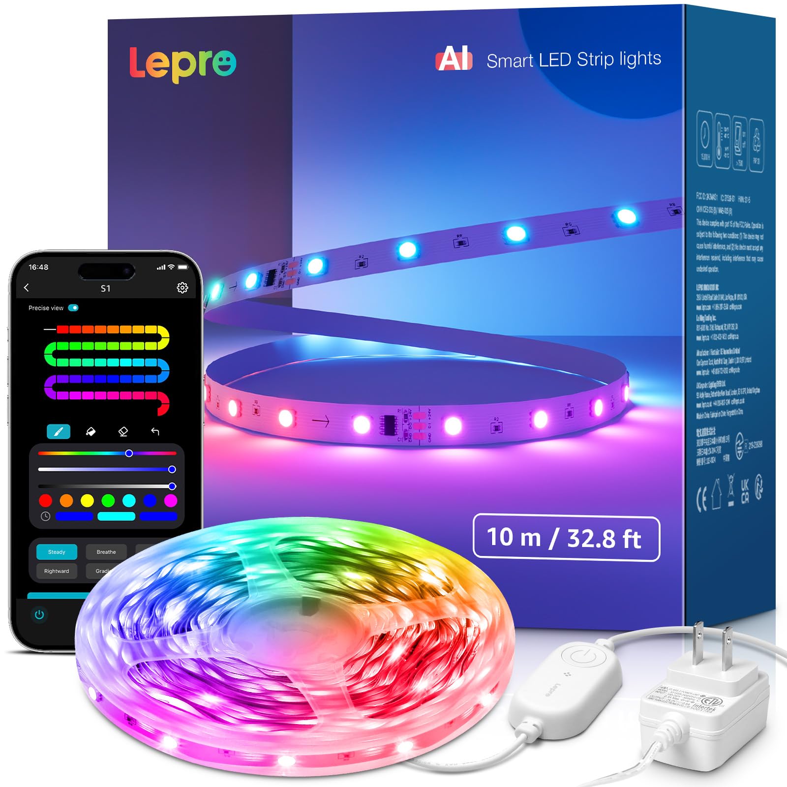 Photo 1 of Lepro S1 AI LED Strip Lights for Bedroom - 32.8ft Smart RGB Light Strips with IC and Rainbow Chasing Effects, Color Segment DIY, AI Generated Lighting, No Remote, 2.4G Wi-Fi & Bluetooth