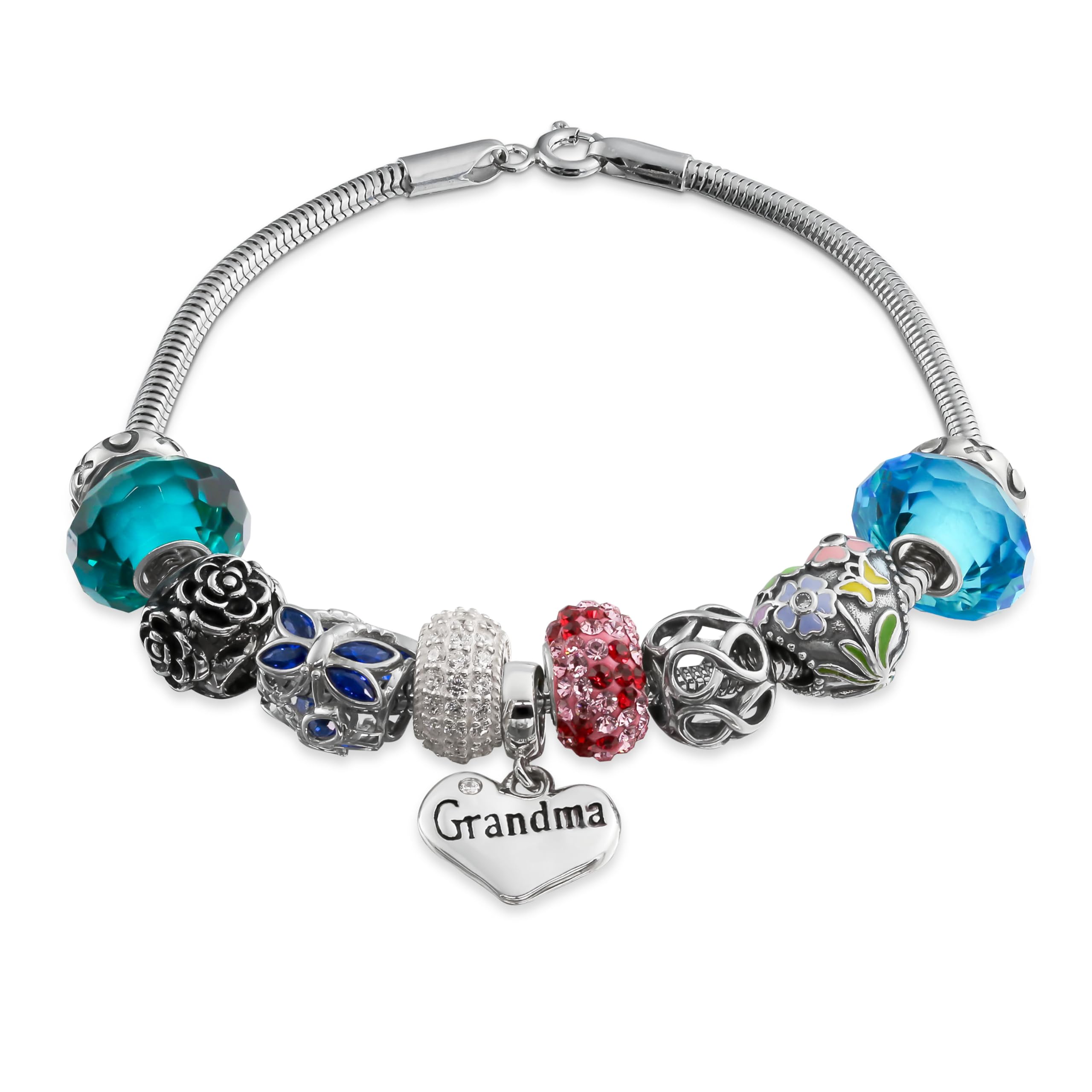 Bling Jewelry Love Grandma Family-Themed Charm Bracelet for Women - .925 Sterling Silver Snake Chain, European Style, 7 Inch