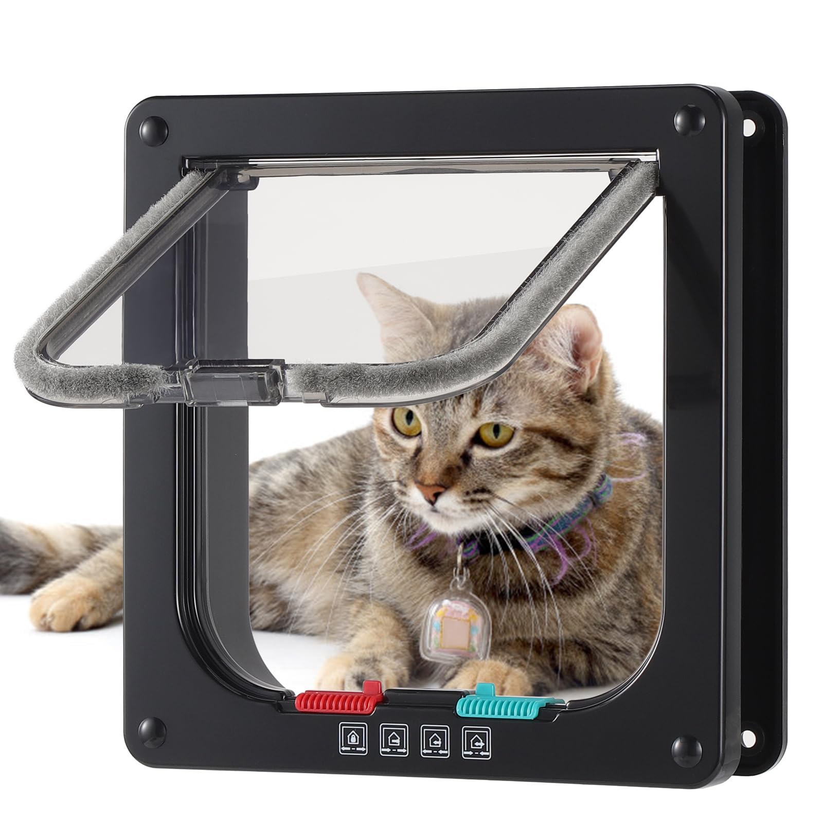 Roxanex Cat Door Medium 15.5cm x 15cm Flap Easy to Fit, Safety Pet Sliding Door with 4 Way Lock, Weatherproof Cat Flap for Inside Outside Door Wall Fence, Black