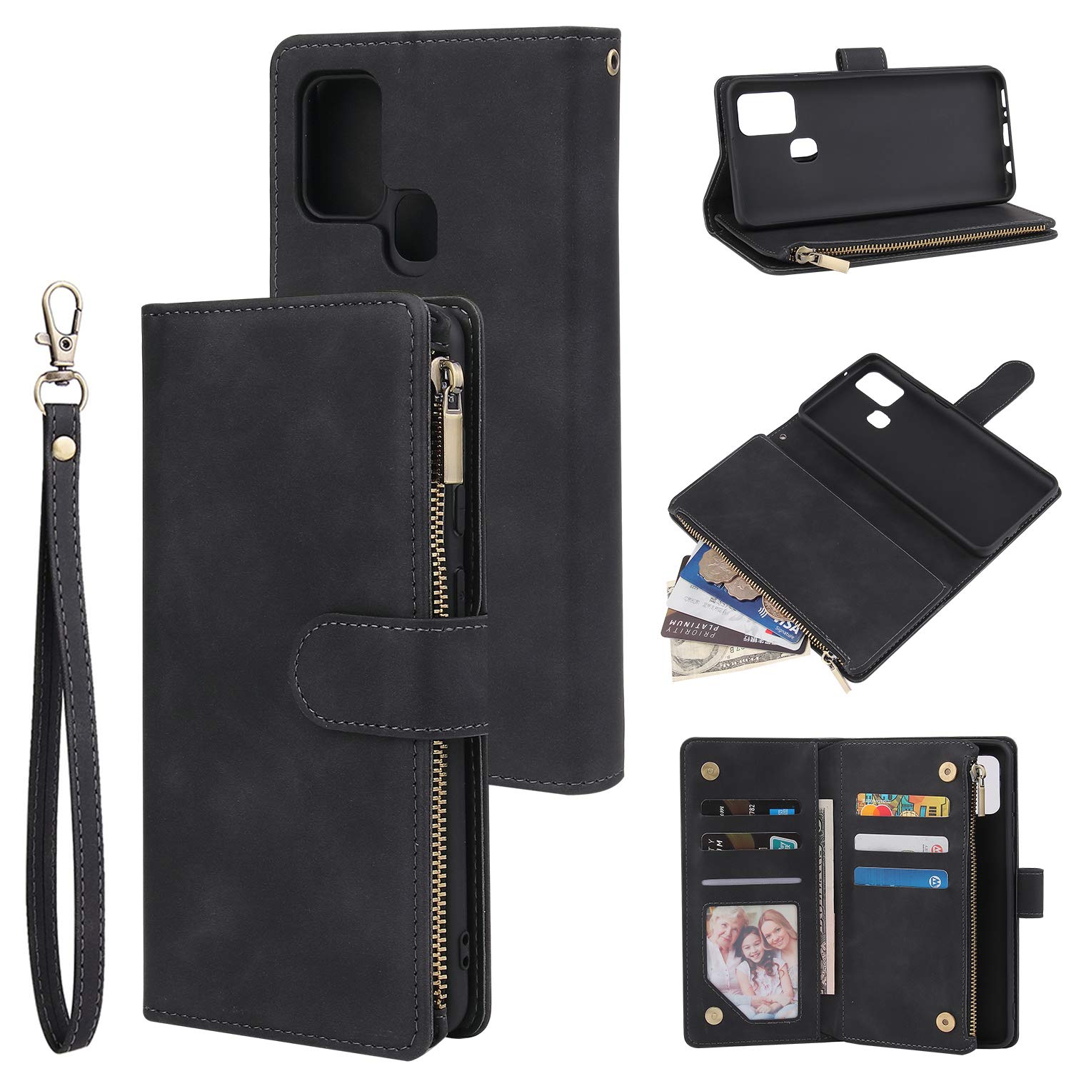 UEEBAI Wallet Case for Samsung Galaxy A21s, Premium Vintage PU Leather Magnetic Closure Handbag Zipper Pocket Case Kickstand Card Holder Slots with Wrist Strap TPU Shockproof Flip Cover - Black