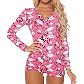 HOXIJIA Women Heart Printed Rompers Long Sleeve V Neck Button Down Short Jumpsuits Bodycon Pajamas Bodysuits for Valentine