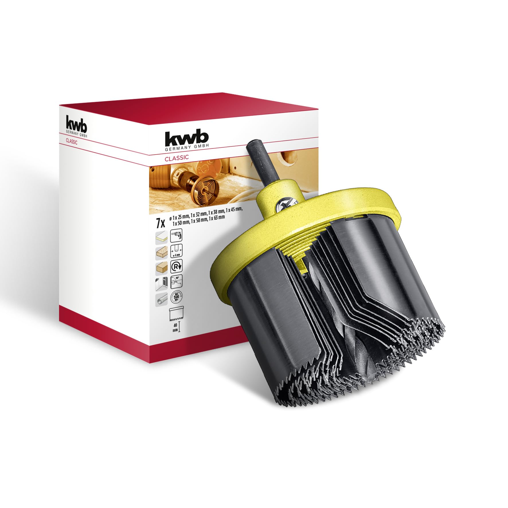 kwb 49599100 Holesaw Set, Diameter Cutters x 40 mm Cutting Depth, 40 mm, Set of 7
