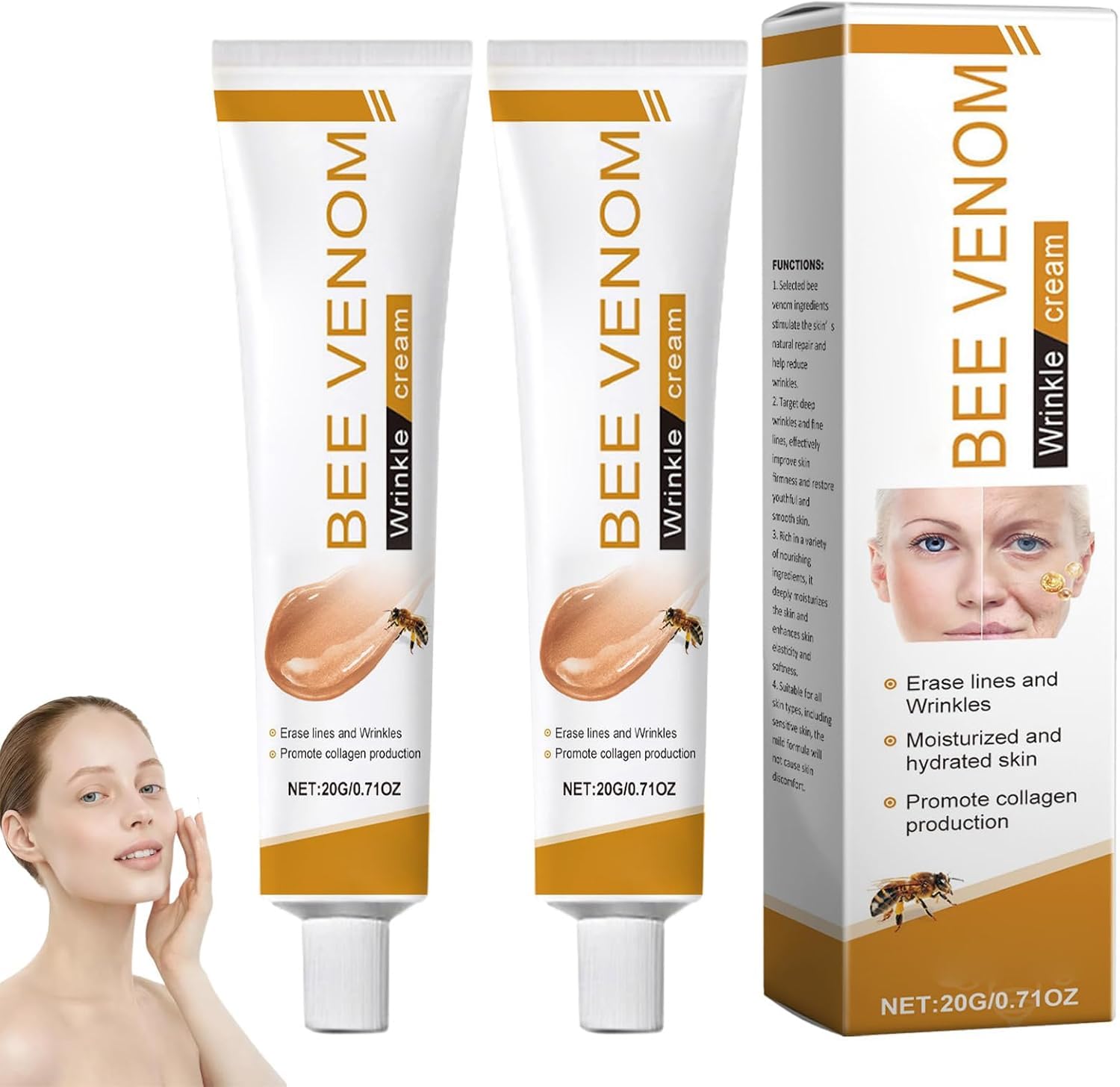 Bee Venom Anti-Wrinkle Cream, Premium Moisturising Cream for Face & Neck, Natural Bee Venom Formula Against Wrinkles & Fine Lines, Intensive Care for All Skin Types (Pack of 2)