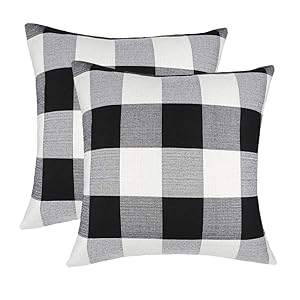 4TH Emotion Set of 2 Farmhouse Buffalo Check Plaid Throw Pillow Covers Cushion Case Cotton Linen for Fall Home Decor Black and White, 20 x 20 Inches