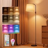 VARICART LED Arc Floor Lamp, RGB Color Changing, 65", 350&deg; Swivel Shade | Magnetic remote, 1600K amber &amp; 4000K daylight, 0.1%-100% dimmable, 1200 lm, woven linen shade for living rooms &amp; reading