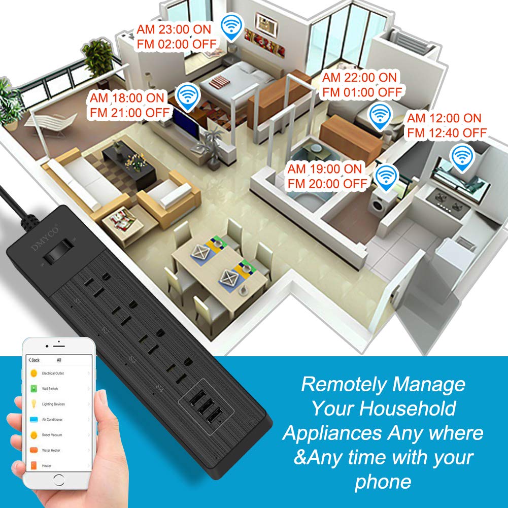 WiFi Smart Power Strip，Multiple Outlet Surge Protector USB Bar，with 3 USB Ports 4 Smart Outlets Overload Switch and 6FT UL Cord, Remote Control, Compatible with Alexa Echo, Google Home and IFTTT