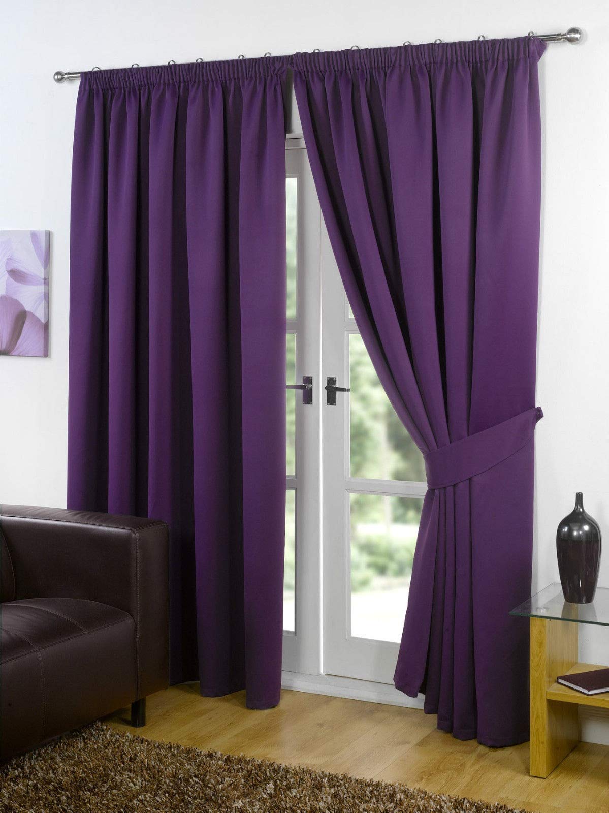 RAYYAN LINEN Thermal Pencil Pleat Blackout Tape Top Pair of Curtains With Free Tiebacks (46" X 72", Aubergine (Purple))