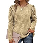ROSRISS Womens Plus-Size Tops Crewneck Puff Long Sleeve Shirts Dressy Ribbed Knit Tunics Elegant Pullover Sweaters XL-5XL