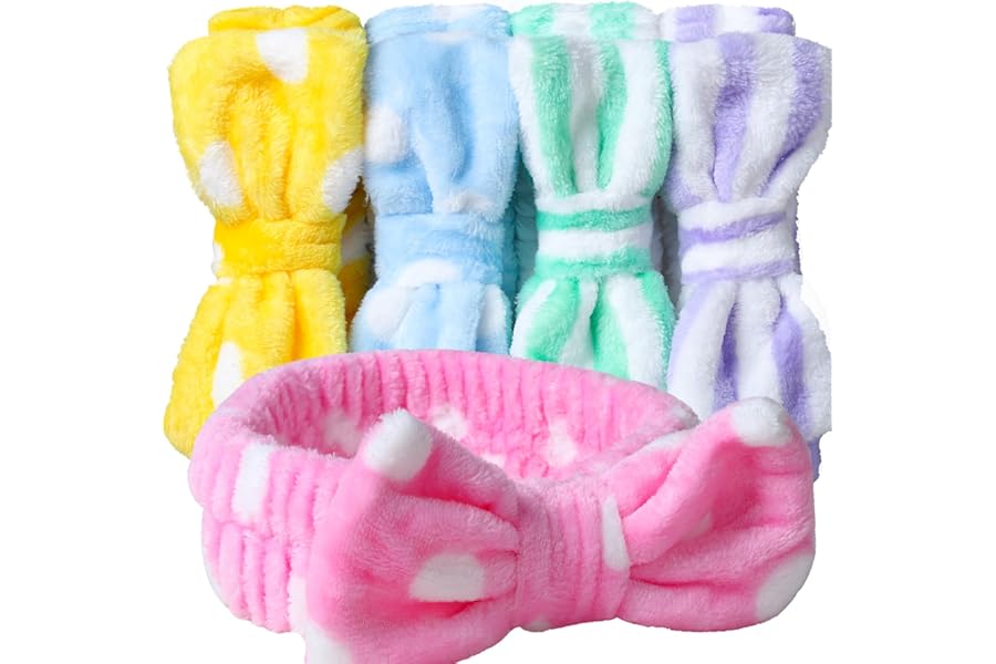 Teenitor 5pcs Makeup Headband with Removable Bow, Spa Headband for Washing Face for Teen Girls Women, Christmas Gifts Basket for Teens Girls Party, Skin Care Hairband