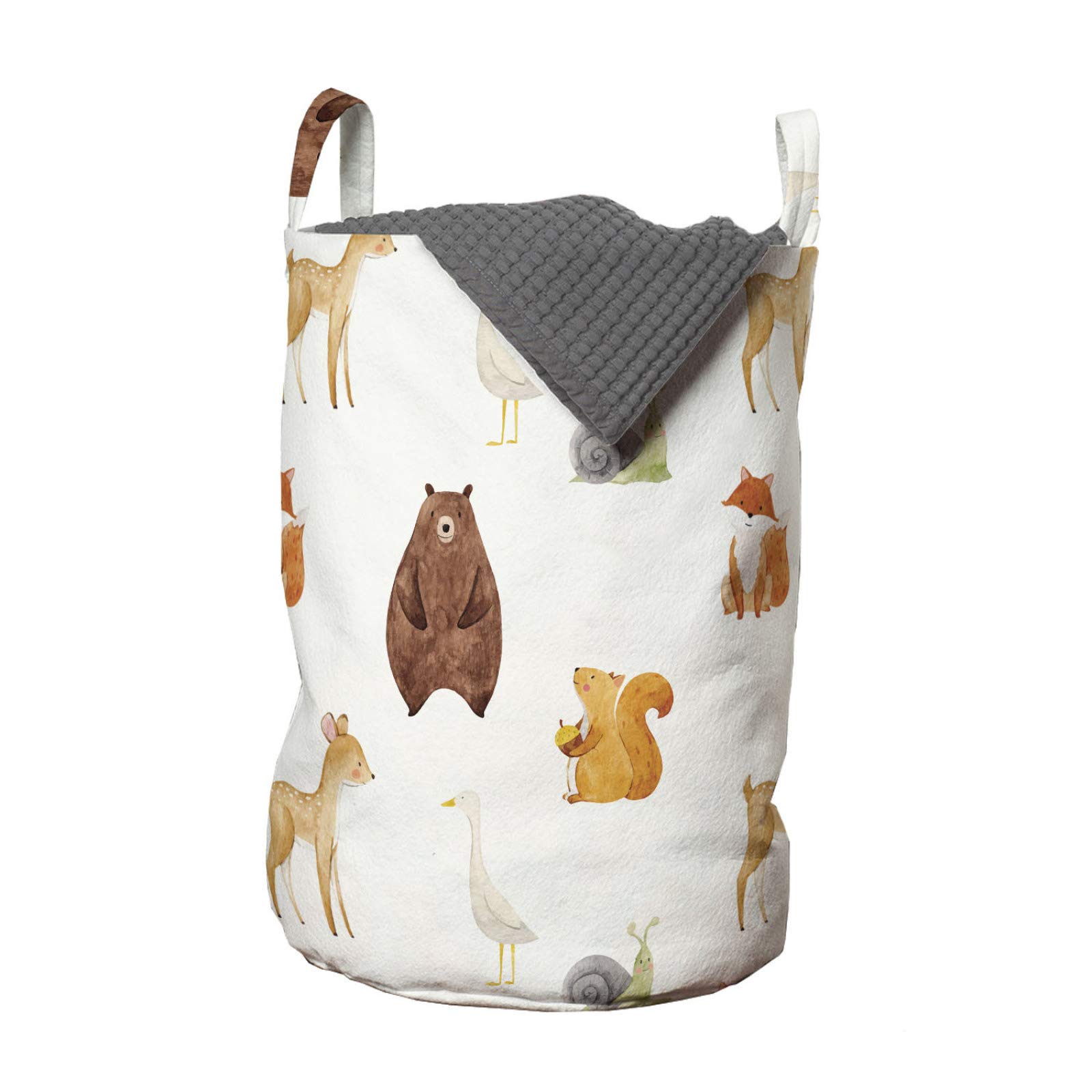 ABAKUHAUS Animals Laundry Bag, Baby Animals Watercolors, Hamper Basket with Handles Drawstring Closure for Laundromats, 13" x 13" x 19", Multicolor