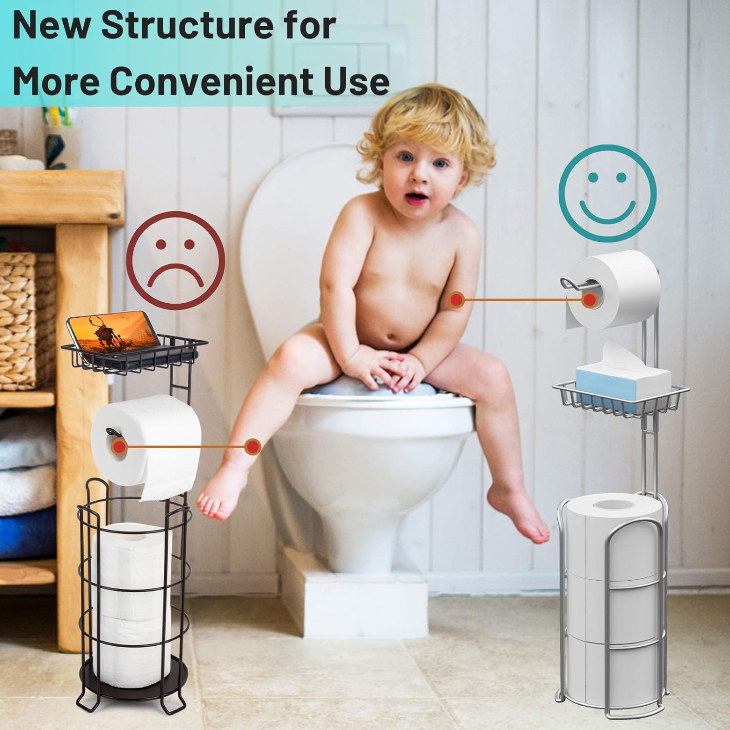 Upgrade Toilet Paper Holder Stand, Silver Gray Freestanding Toilet Paper Roll Holders with Shelf, Bathroom Tissue Storage Rack: Kitchen & Dining