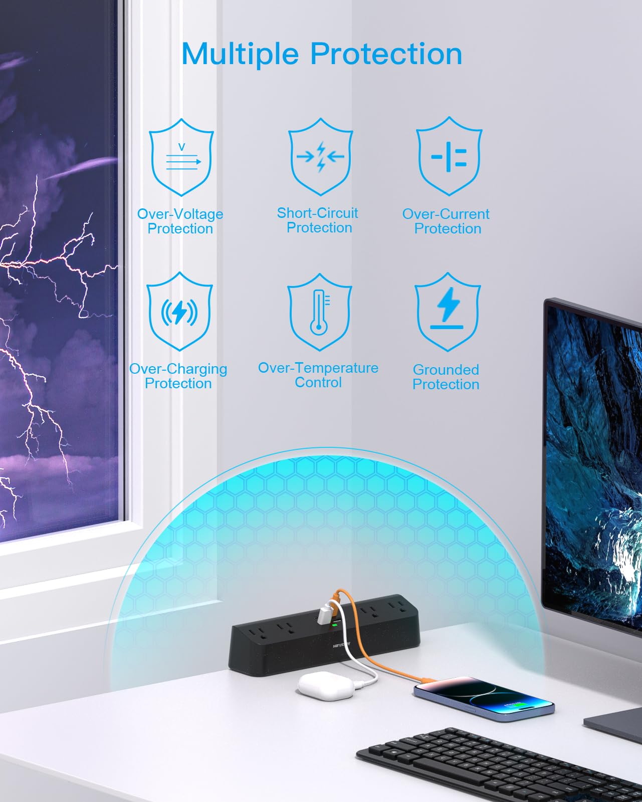 Desk Clamp Power Strip with PD30W USB-C, HANYCONY 5Ft Extension Cord, Desk Edge Mount Charging Station, Surge Protector with 4 Outlets 4 USB Ports(2 USB C), Home Office Gaming Accessories Essentials