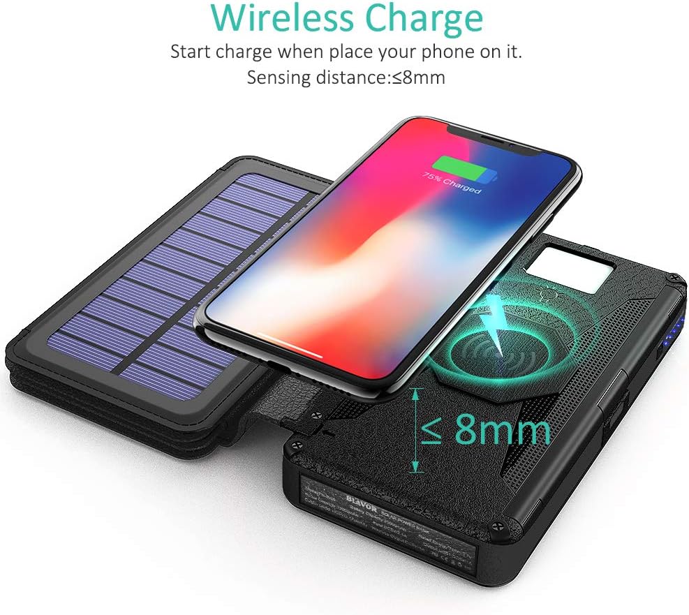 BLAVOR Solar Charger Five Panels Detachable, Qi Wireless Charger 20000mAh Portable Power Bank with Dual Output Type C Input Flashlight and Compass Kit (Black, 20000mah)