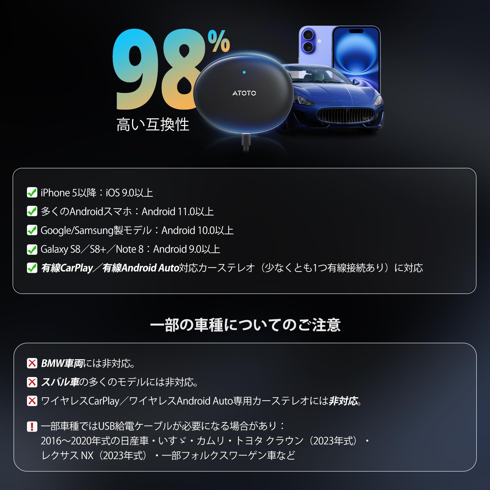 AD5 CarPlay ワイヤレス Ai Box 純正ナビがAndroidタブレットに早変わり YouTube・Netflix動画視聴 ワイヤレスCarPlay & Android Auto両対応 話せるAIアシスタントChatGPT搭載 OTA更新対応「技適取得済み品」