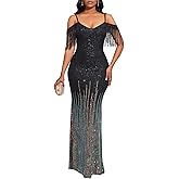 Cololura Women Sexy Sequin Tassel Off Shoulder Halter Bodycon Formal Party Evening Gown Maxi Dress