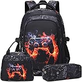 Dafelile Boys Backpack for Elementary Game School Backpacks Waterproof Kids Bookbag with Lunch Box Luminous Game Print(Red Flame Game)
