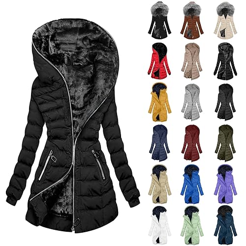 lightweight puffer jackets women,Winter Coats for Women UK Quilted Down Longline Puffer Parka Jackets Fleece Lined Waterproof Jacket Fur Hood Trench Outwear with Pockets,ladies winter coats,S 1-Black