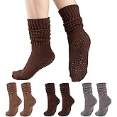 COOVAN Grip Pilates Socks for Women 3 Pairs Yoga Slouch Crew Long Scrunch Slipper Socks for Barre Ballet Dance Hospital
