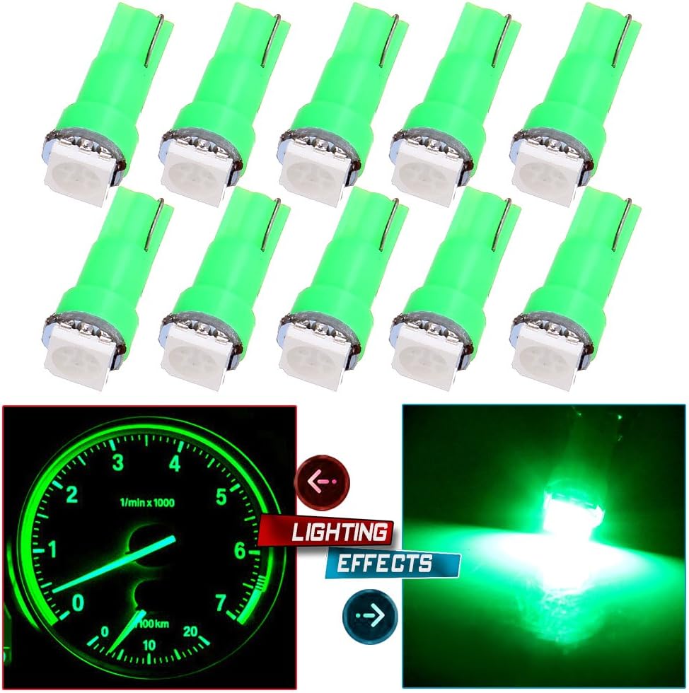 cciyu 10X T5 Green LED Light 5050SMD Dashboard Dash Gauge Instrument Dash Panel Light 2721 (Green-10pcs)