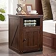 IFGET Nightstand with Charging Station, 20" Farmhouse End Table w/Groove Barn Door, Rustic Wood Sofa Side Bedside Table w/Open & Adjustable Shlef for Bedroom, Living Room, Brown