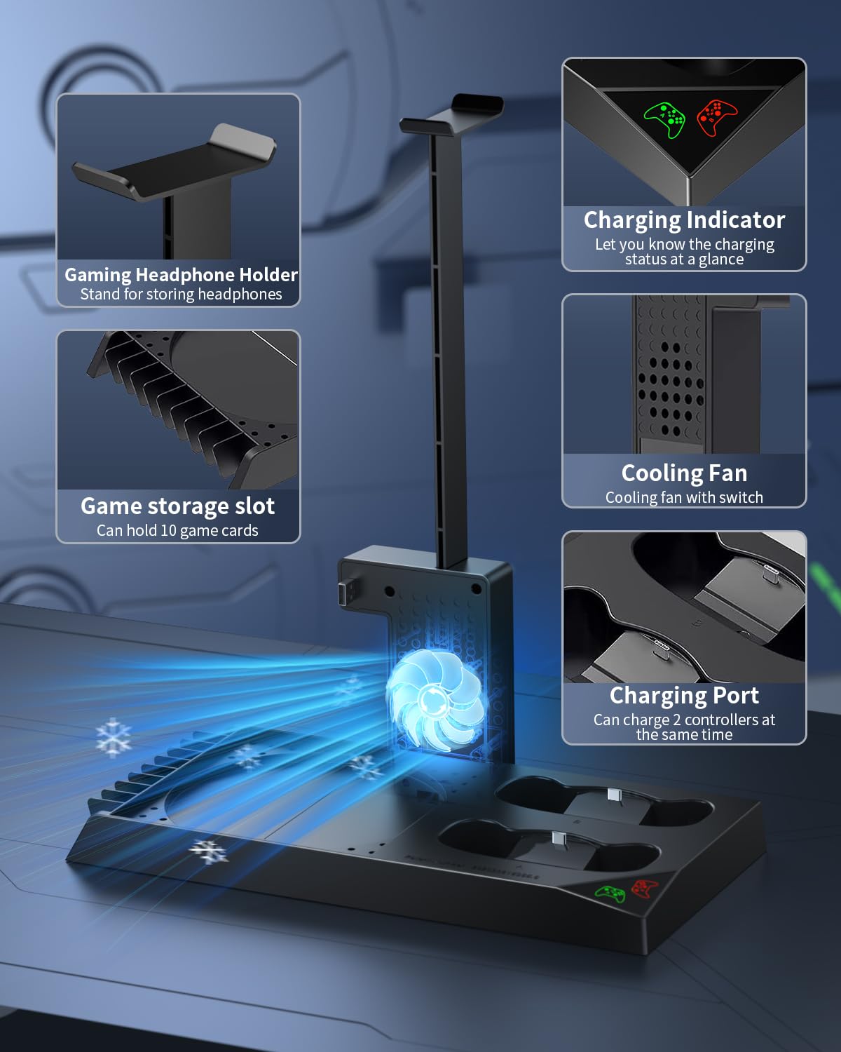 MENEEA Ständer mit Lüfter für Xbox Series X Zubehör, 5 in 1 Vertikale Dual-Ladegerät mit Controller Ladestation, 2stk 1400mAh Akkus,Konsole Kühler, Headset-Halterung und Spiele-Aufbewahrung (Schwarz) 2