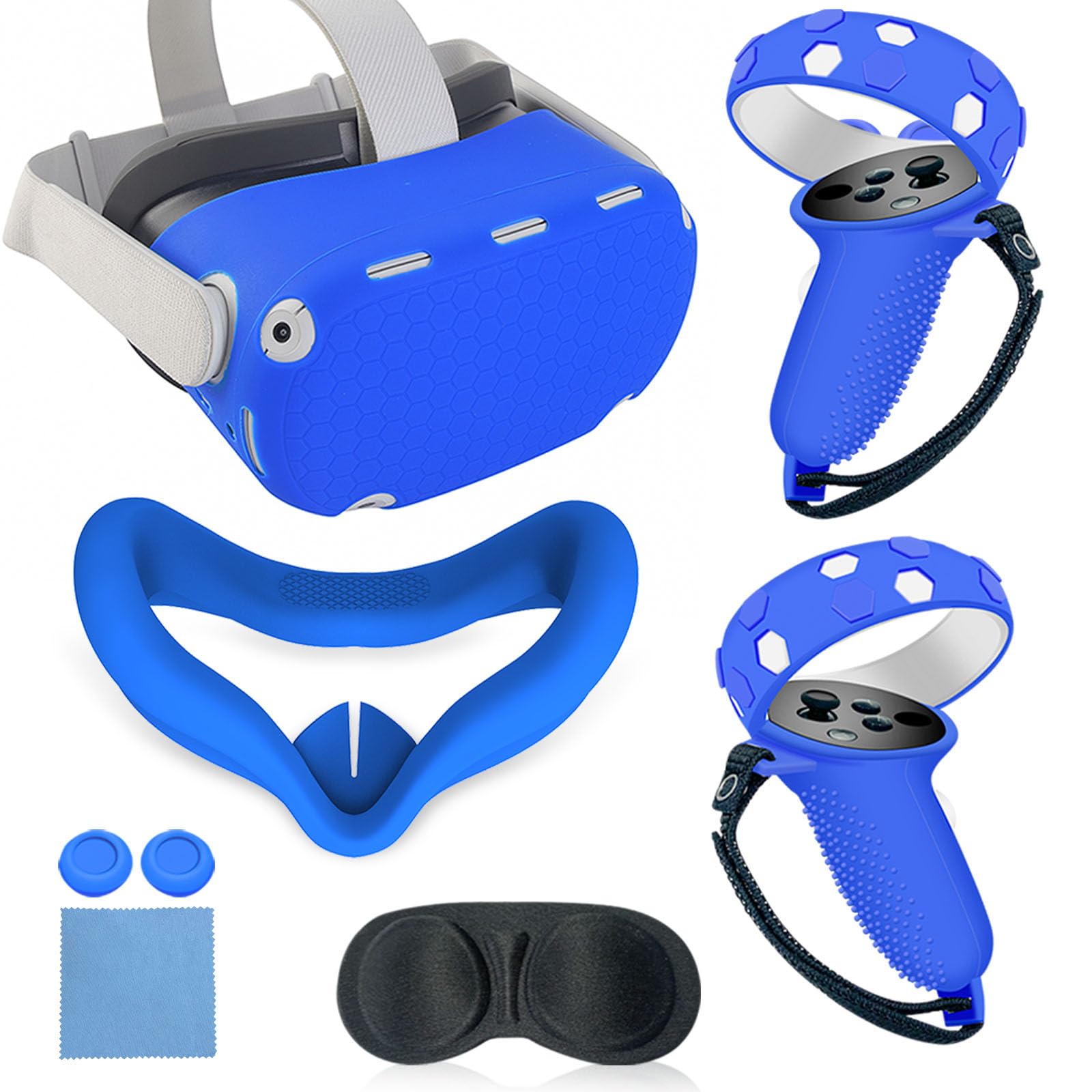 MLemonVR Silicone Cover Set Compatible with Oculus/Meta Quest 2 Accessories,Includes Controller Grips Button Caps & Face Cover, Shell Cover, Lens Cover, for Quest 2_Blue