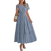 BTFBM Womens Summer 2026 Casual Midi Maxi Dresses Lightweight Short Sleeve V Neck Elastic Waist Boho Beach Dress Pockets