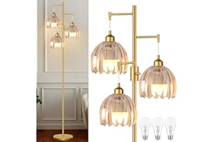 Gold Floor Lamps for Living Room Vintage Floor Lamp with Glass Lmapshape & Led Bulb,Dimmable Floor Lamps Brass Mid Century Mo