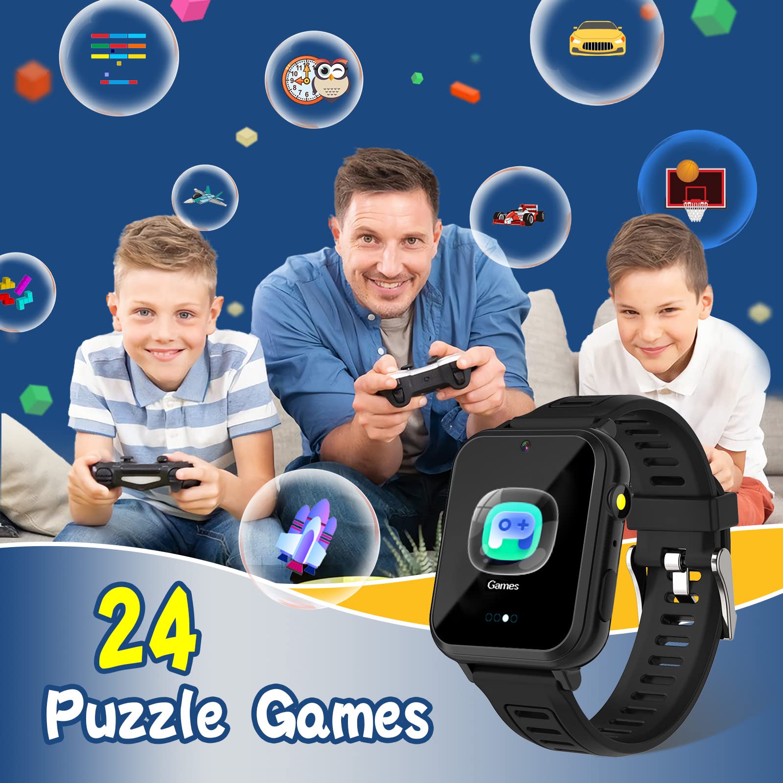 Sedzofan Smart Watch for Kids with 24 Puzzle Games HD Touch Screen Camera Music Player Pedometer Alarm Clock Calculator Flashlight 12/24 hr Kids Watches Gift for 4-12 Year Old Boys Toys for Kid