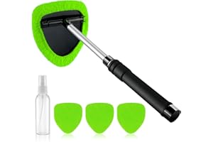 JUSTTOP Windshield Cleaner Tool, Car Interior&Exterior Window Cleaning Tool with Extendable Handle & 4 Reusable Microfiber Pads, Auto Glass Wiper Brush Kit for Cars (Green)