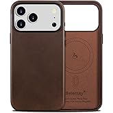 Belemay Handcrafted Full-Grain Vegetable-Tanned Leather Case for iPhone 17 Pro Max, Compatible with MagSafe, Two-Tone Effect, Natural Patina, Camera Control Button, Metal Buttons (6.9") Bourbon Brown