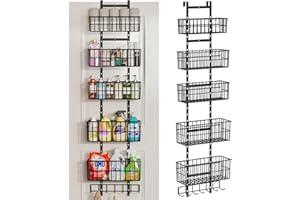 Hongtamoya Adjustable Over The Door Organizer, Metal Hanging Door Organizer with 5 Wire Basket 7 Hooks, Wall Mounted Shelf for Pantry Laundry Organization and Storage, Black