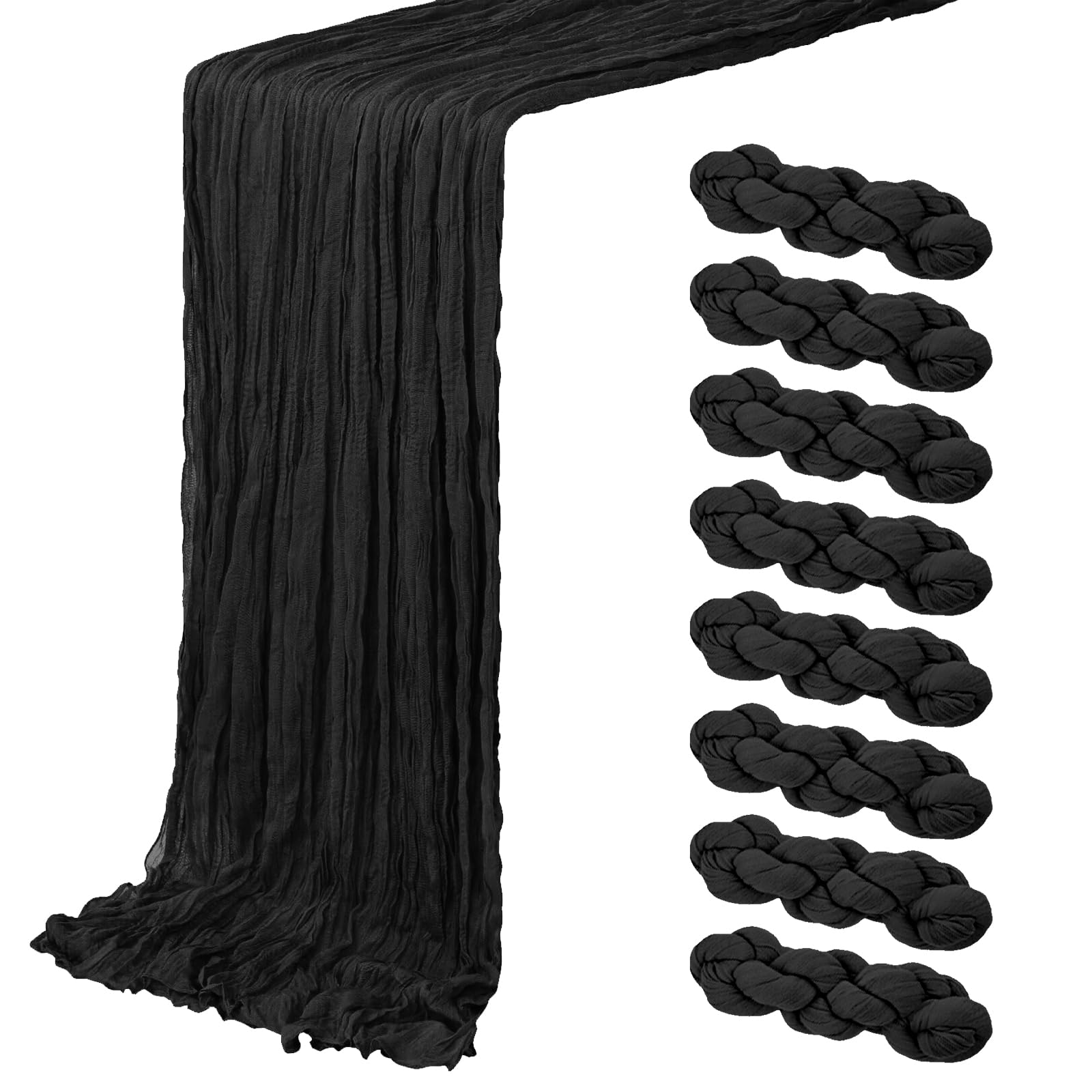 8 Pack Black Cheesecloth Table Runner 20 x 120 inch Gauze Table Runners 10 FT Long,Semi Sheer Boho Cheese Cloth Fabric Table Runner Bulk for Wedding,Party,Baby Shower,Bridal Shower Decoration Image