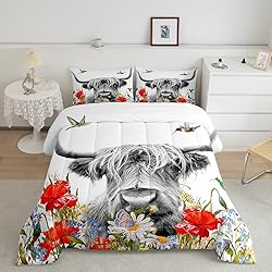 Highland Cow Comforter Set King, Red Poppy Floral