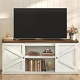 VASAGLE Farmhouse TV Stand for TVs up to 65 Inches, Entertainment Center with Storage Cabinets and Sliding Barn Doors, Media Console Table for Living Room, Rustic White and Honey Brown ULTV535W01