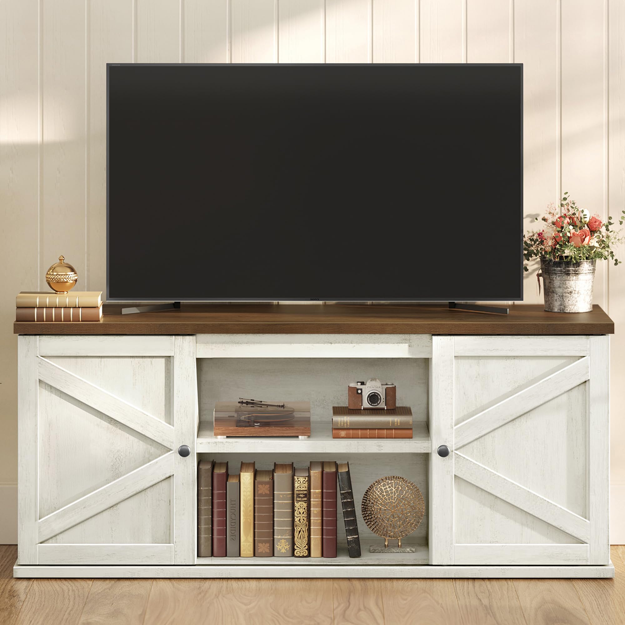 Photo 1 of ****BRAND MEW*****
VASAGLE Farmhouse TV Stand for TVs up to 65 Inches, Entertainment Center with Storage Cabinets and Sliding Barn Doors, Media Console Table for Living Room, Rustic White and Honey Brown ULTV535W01