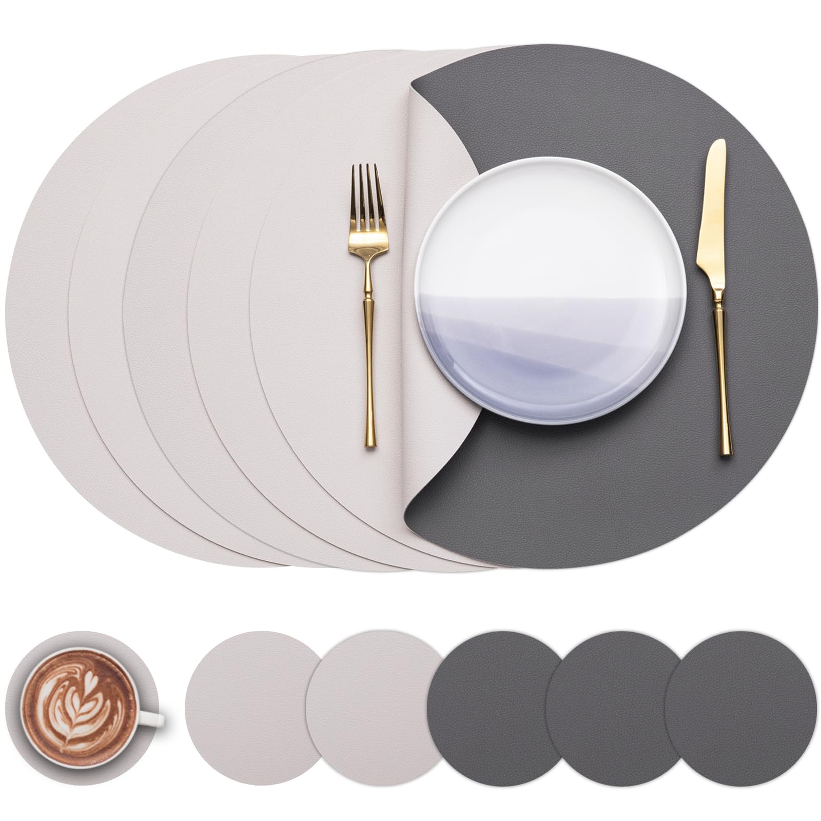 Photo 1 of ***MISSING PARTS/ONLY 3 LIGHT COLORED PLACEMATS****Myir JUN Round Table Placemats Set of 6 Faux Leather Place Mats and Coasters 15 inch Round Dual Sided Non-Slip Stain Resistant Placemats (Gray & Beige, Set of 6)