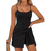 Caracilia Womens Summer Spaghetti Strap Dress Tie Waist Romper Skorts Bodycon Beach Vacation Mini Dresses Built in Shorts