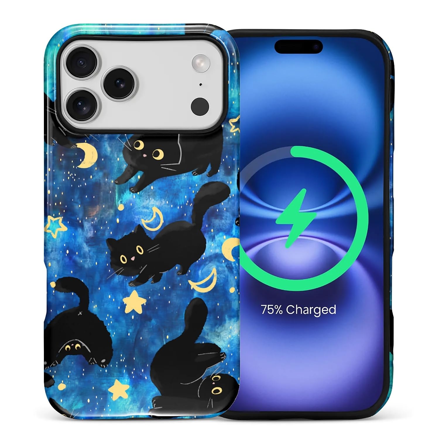 artslion for iPhone 17 Pro Max Case for Women Girl Men Boy, Compatible with MagSafe, Shockproof Soft Silicone & Hard PC Shell Protective Case for iPhone 17 Pro Max - Black Cats On A Blue Starry Night