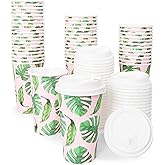 BLUE PANDA Disposable Coffee Cups with Lids - 16 Oz, 48 Count, Tropical Green Leaf Design - Paper Cups to Go for Parties & Travel - Leak Proof & Compostable
