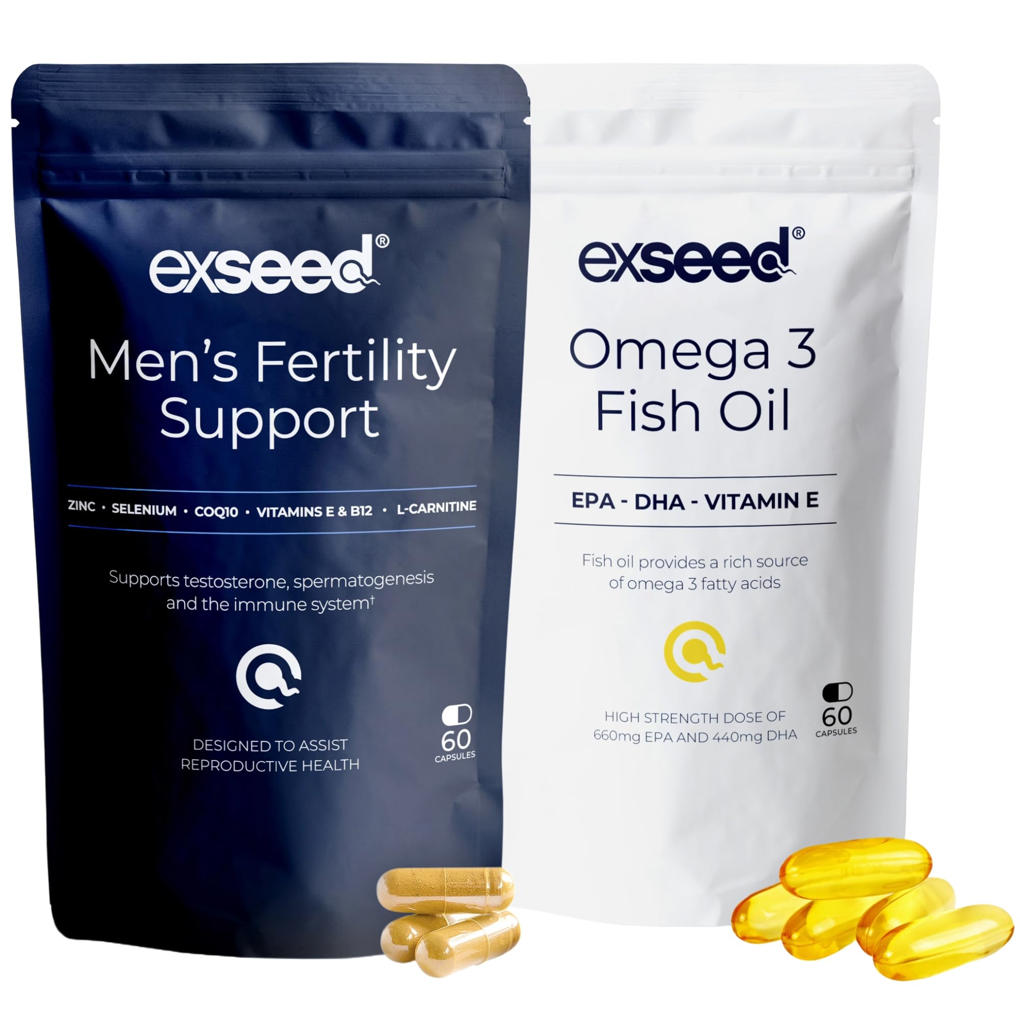 ExSeed Health - Men's Fertility Combi Supplements - Multivitamins (x60 Capsules) - Omega-3 (x60 Capsules) - 1 Month Supply - Fertility Boosting Ingredients - Supports Healthy Conception