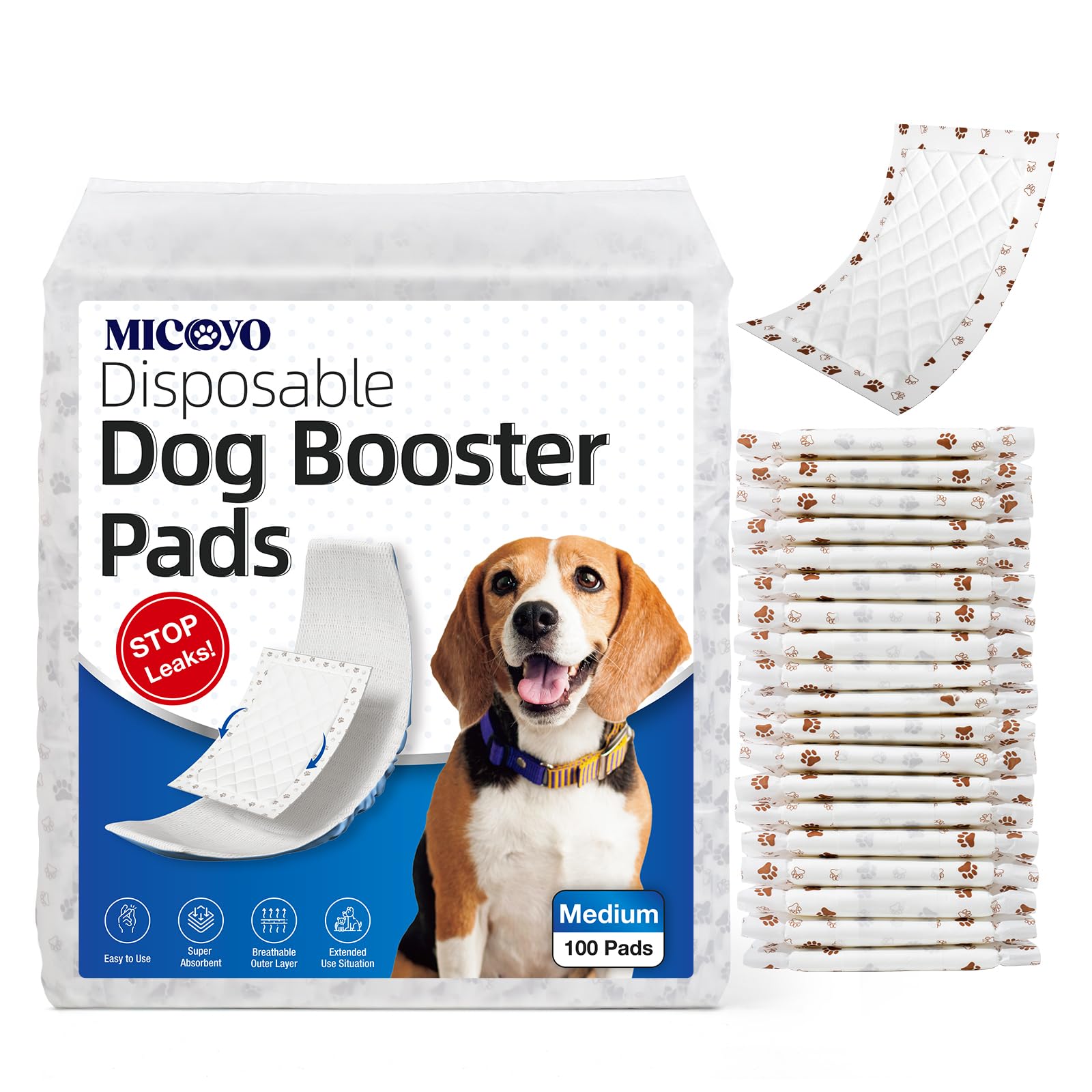 MICOOYO Disposable Dog Diaper Liners, Booster Pads for Male Female Dogs, Super Absorbent Period Dog Inserts Pads Fit Most Dog Nappies (without Leakproof Protection) (M-100)