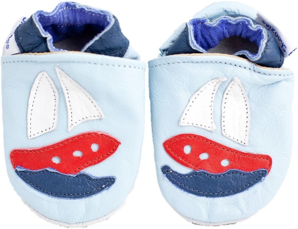 Soft leather baby shoes for Boys by Shoozies - suede soles - Sailing Boats 0-6 months